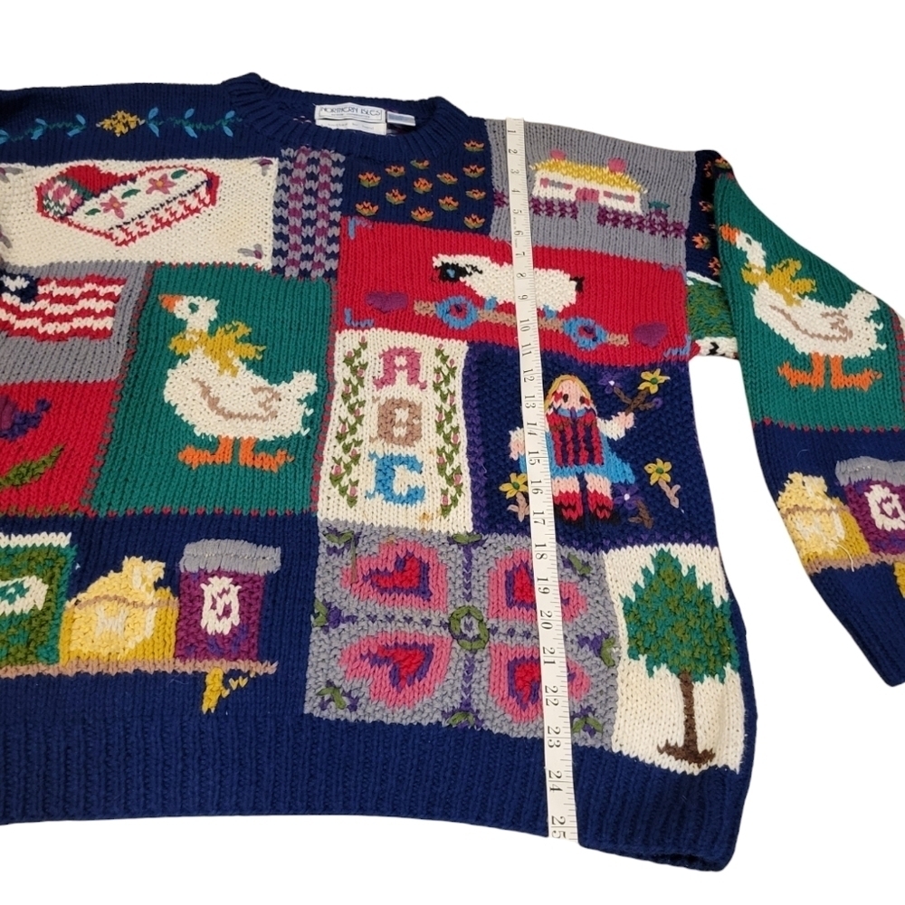 Vintage Northern Isles Hand Knit Granny Nursery Rhyme Patchwork Sweater SZ Large - Picture 6 of 11